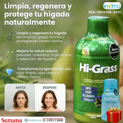 Hi-Grass desintoxica y regenera tu hígado en menos de 30 días. 1 Hi-Grass + Purgante Al-Petit.